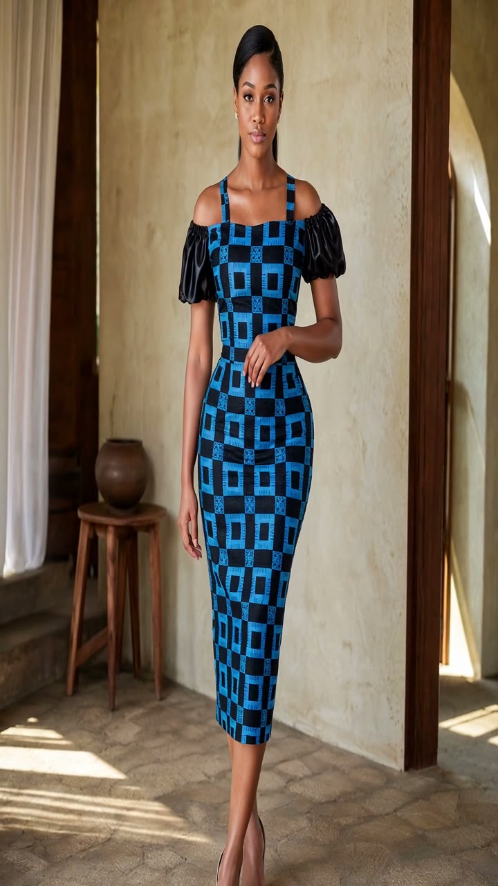 FashionUGC generated UGC-style video preview of a checkered black and turquoise midi dress